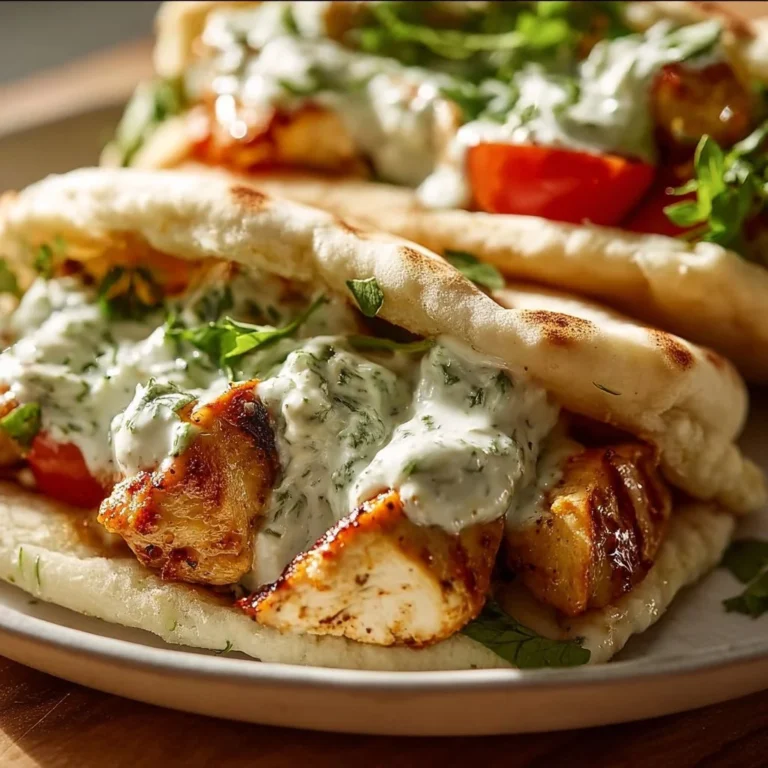 Delicious sheet pan chicken pitas with herby ranch dressing on a serving plate