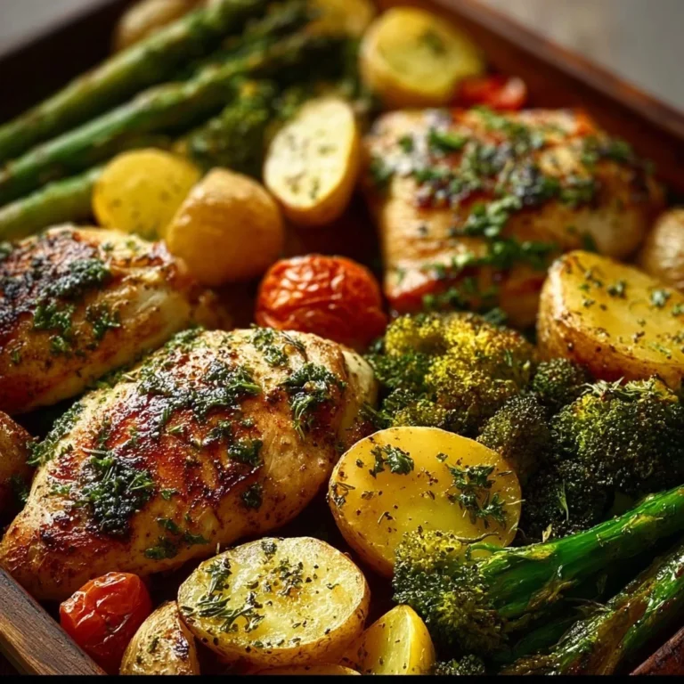 Sheet pan garlic butter chicken with colorful veggies ready to serve.