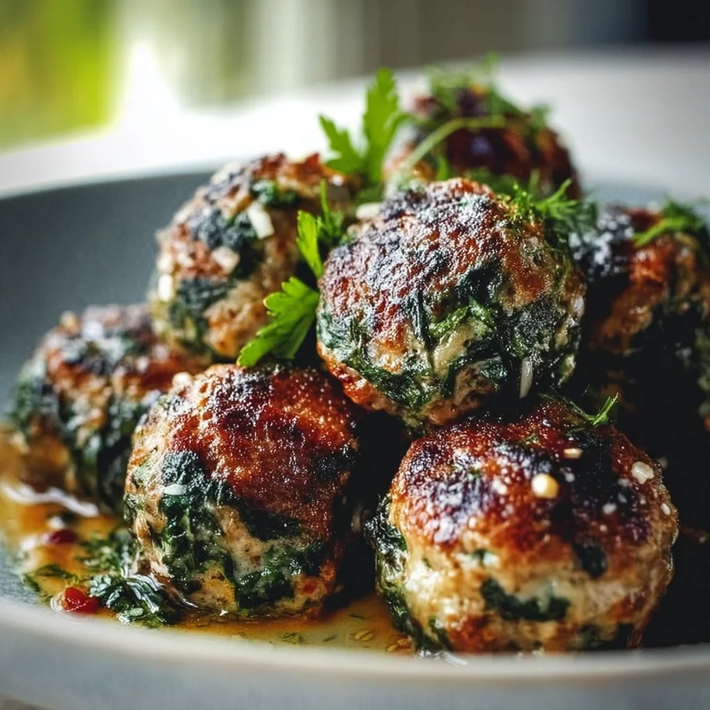 Delicious spinach garlic meatballs on a plate, garnished with herbs.
