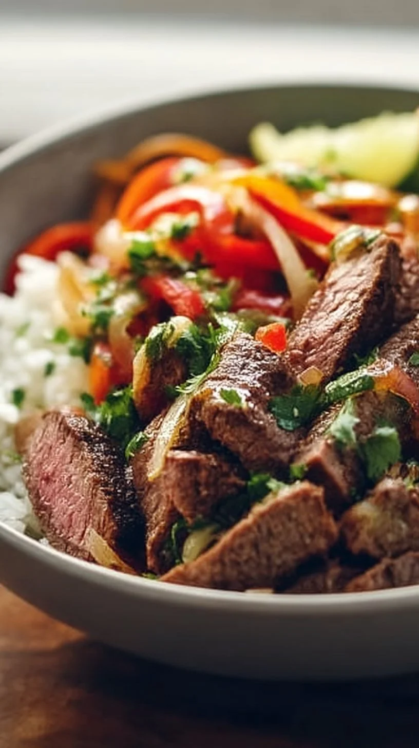 Delicious Steak Fajita Bowl with colorful peppers and tender steak strips