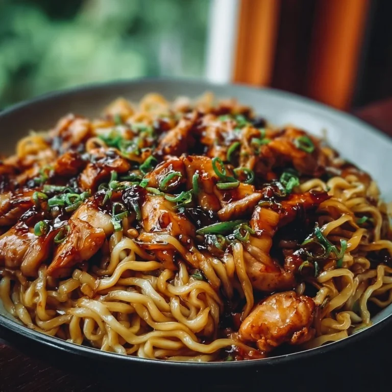 Delicious Sticky Garlic Chicken Noodles served in a bowl with fresh herbs