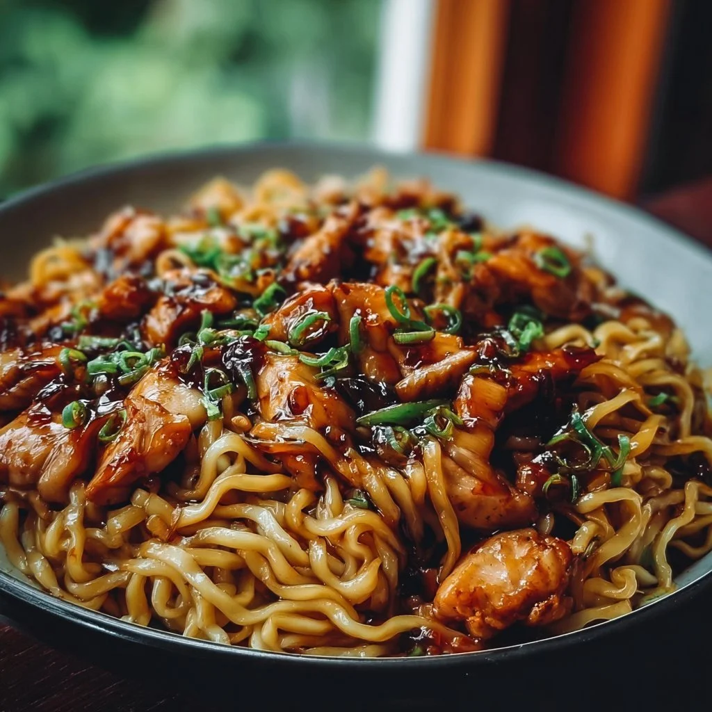 Delicious Sticky Garlic Chicken Noodles served in a bowl with fresh herbs