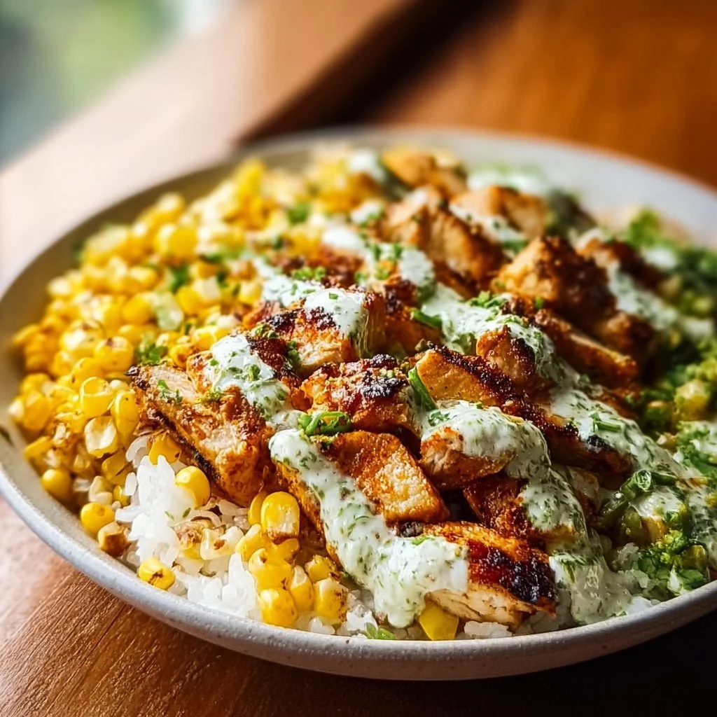 Savory street corn chicken rice bowl garnished with fresh ingredients and spices.