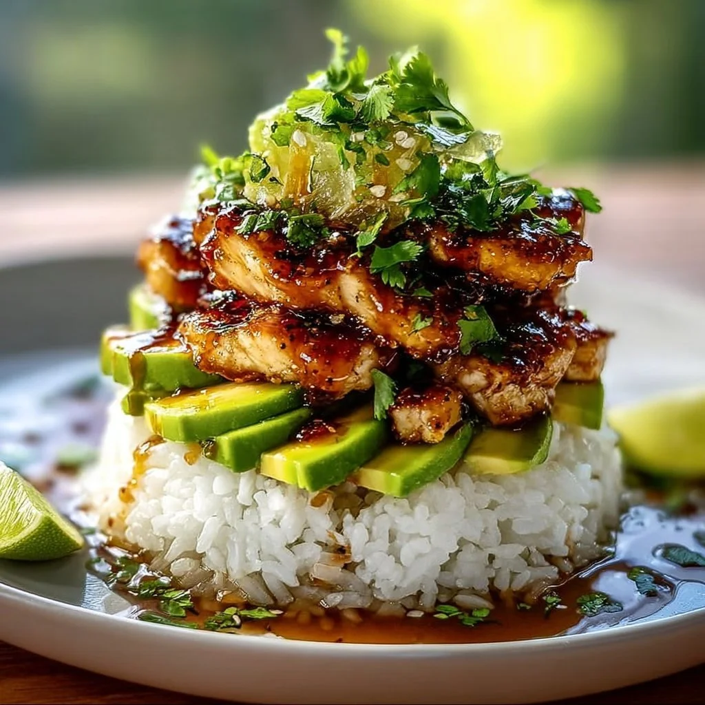 Tangy Honey Lime Chicken served with Avocado Rice Stack