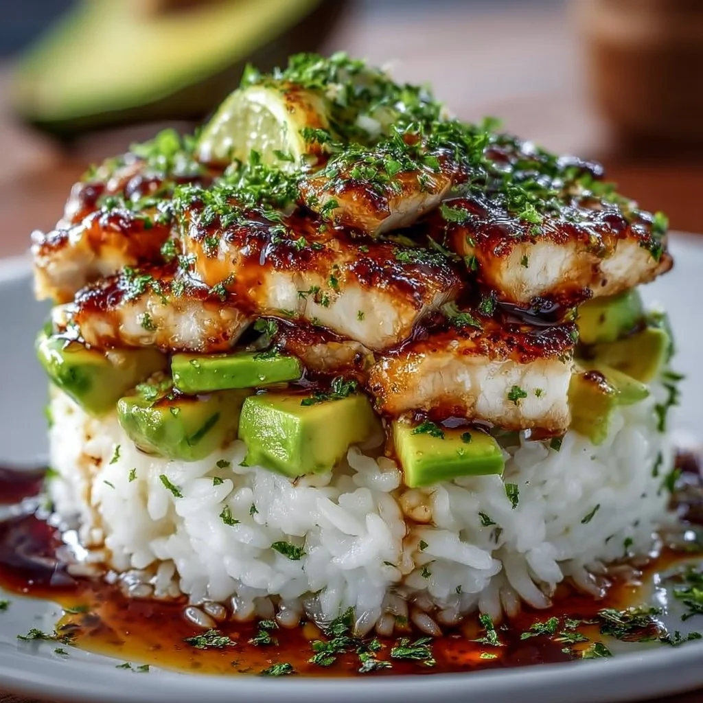 Tangy Honey Lime Chicken & Avocado Rice Stack