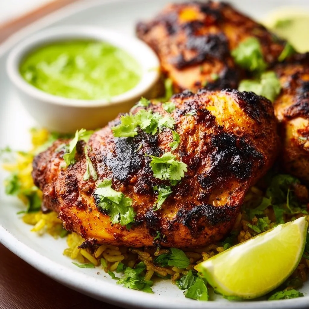 Delicious Peruvian chicken marinated in spices, served with sides and garnishes.