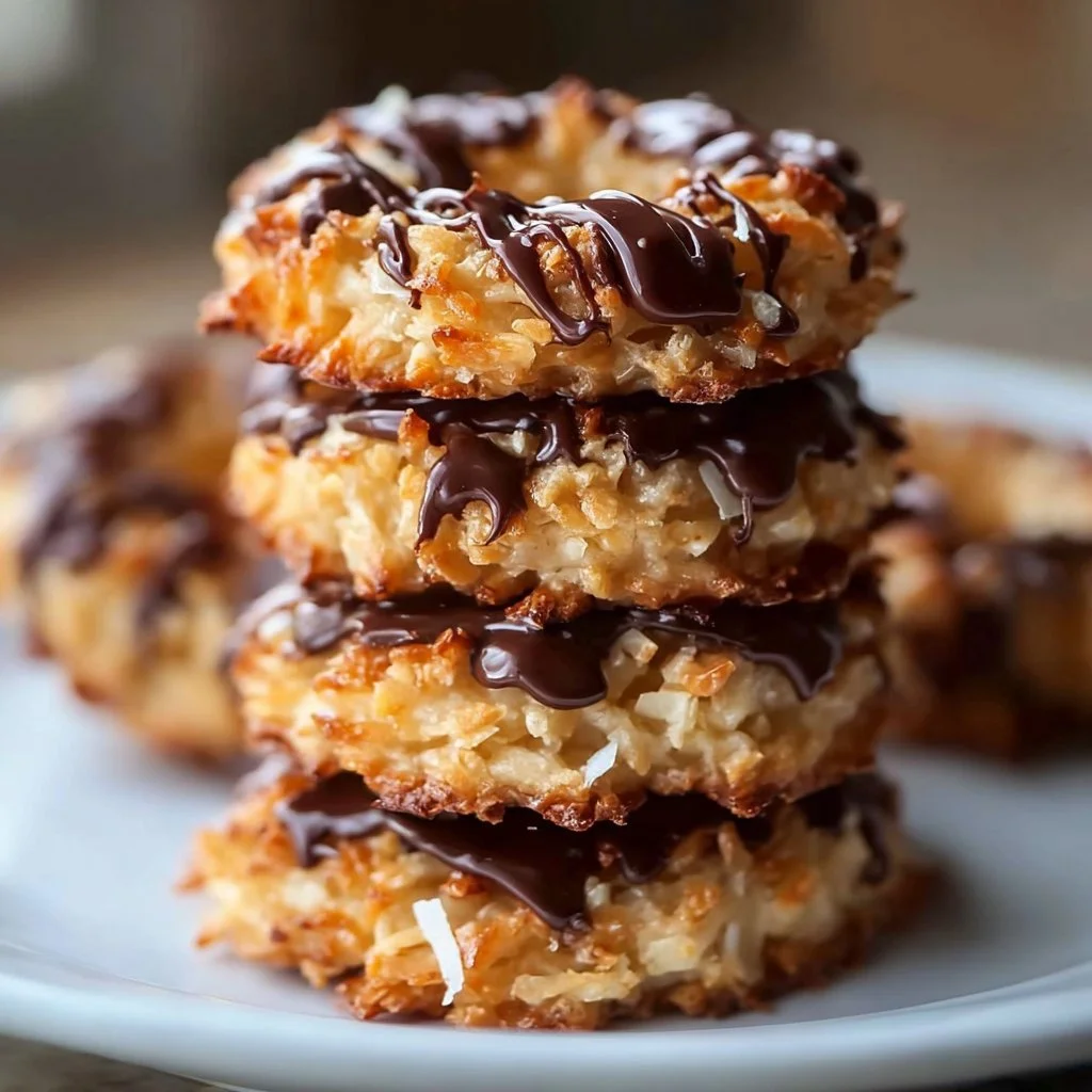 Delicious Samoas Cookies with caramel, coconut, and chocolate drizzle