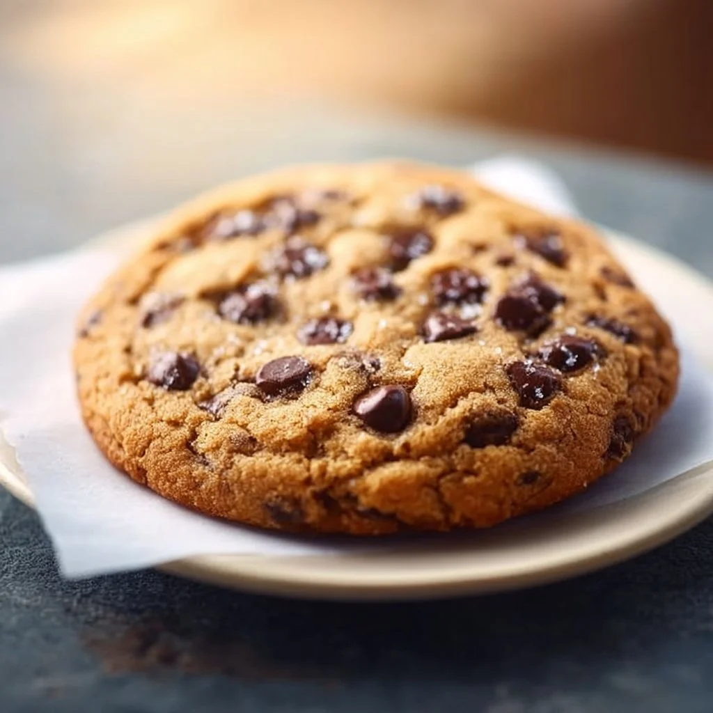 Freshly baked single serve chocolate chip cookie on a plate
