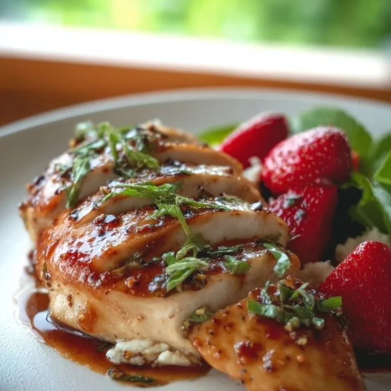 Delicious dish of strawberry chicken garnished with fresh strawberries.