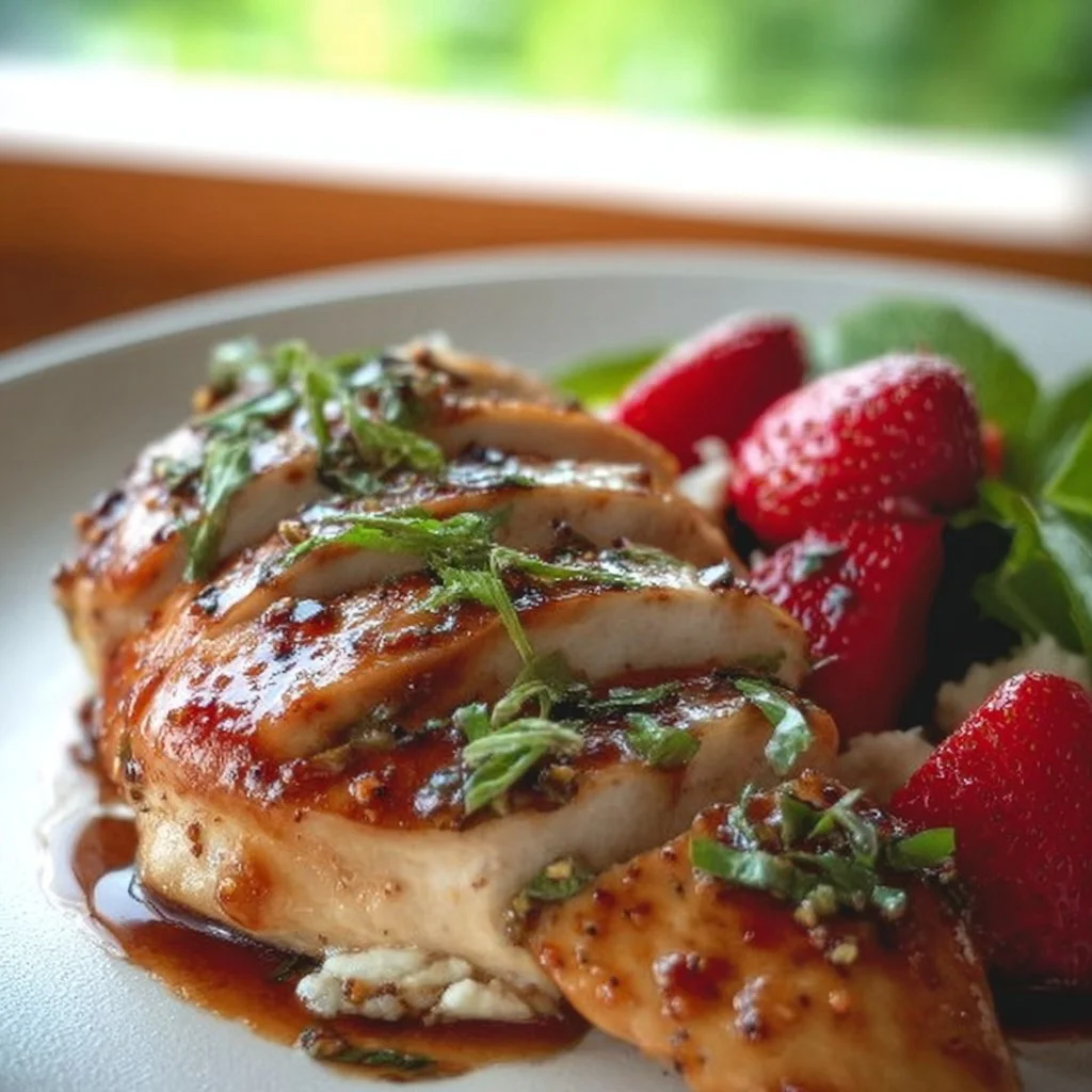 Delicious dish of strawberry chicken garnished with fresh strawberries.