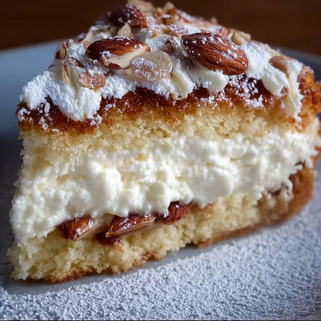 Irresistibly creamy almond mascarpone torte topped with almonds and fresh fruit