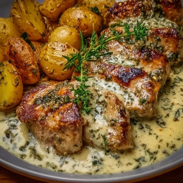 Creamy garlic chicken with roasted baby potatoes on a plate