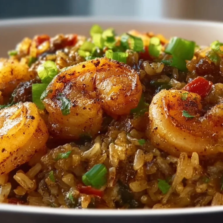 Delicious Cajun shrimp dirty rice skillet dish topped with herbs and spices