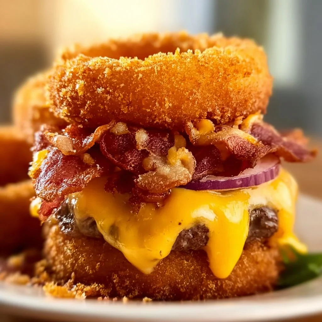 Ultimate loaded bacon cheeseburger with crispy onion rings on a plate