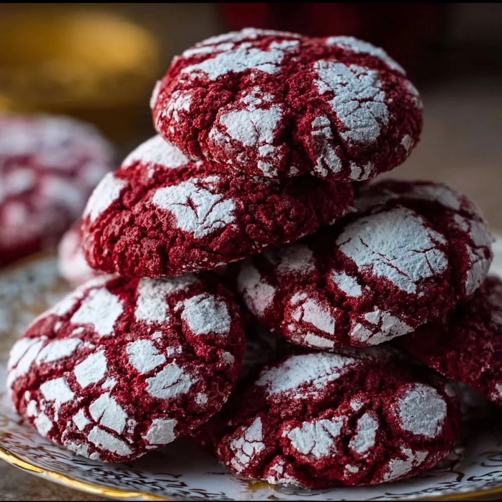Ultimate Red Velvet Crinkle Cookies with a rich color and powdered sugar coating