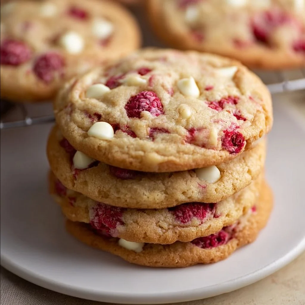 Freshly baked white chocolate raspberry cookies on a cooling rack