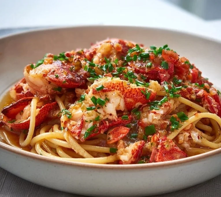 Plate of Lobster Fra Diavolo with spaghetti in a spicy tomato sauce