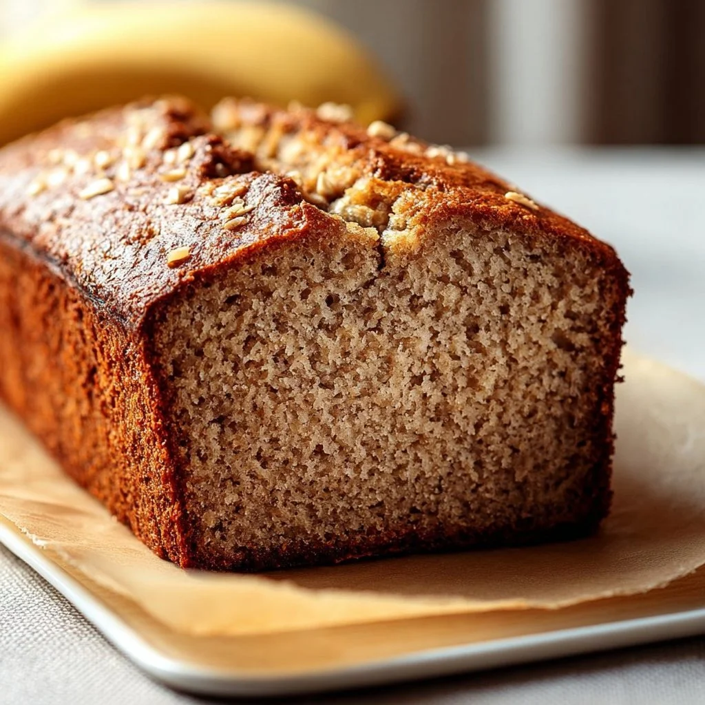 Slice of moist almond flour banana bread on a wooden cutting board