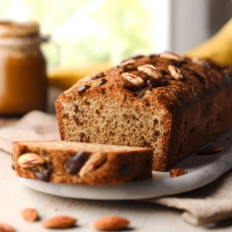 A slice of moist Almond Flour Banana Bread on a wooden cutting board.