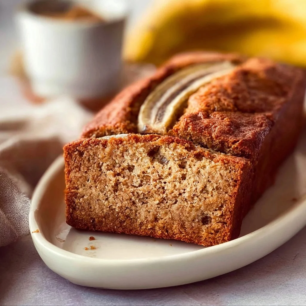 Moist almond flour banana bread slice on a wooden table with banana slices