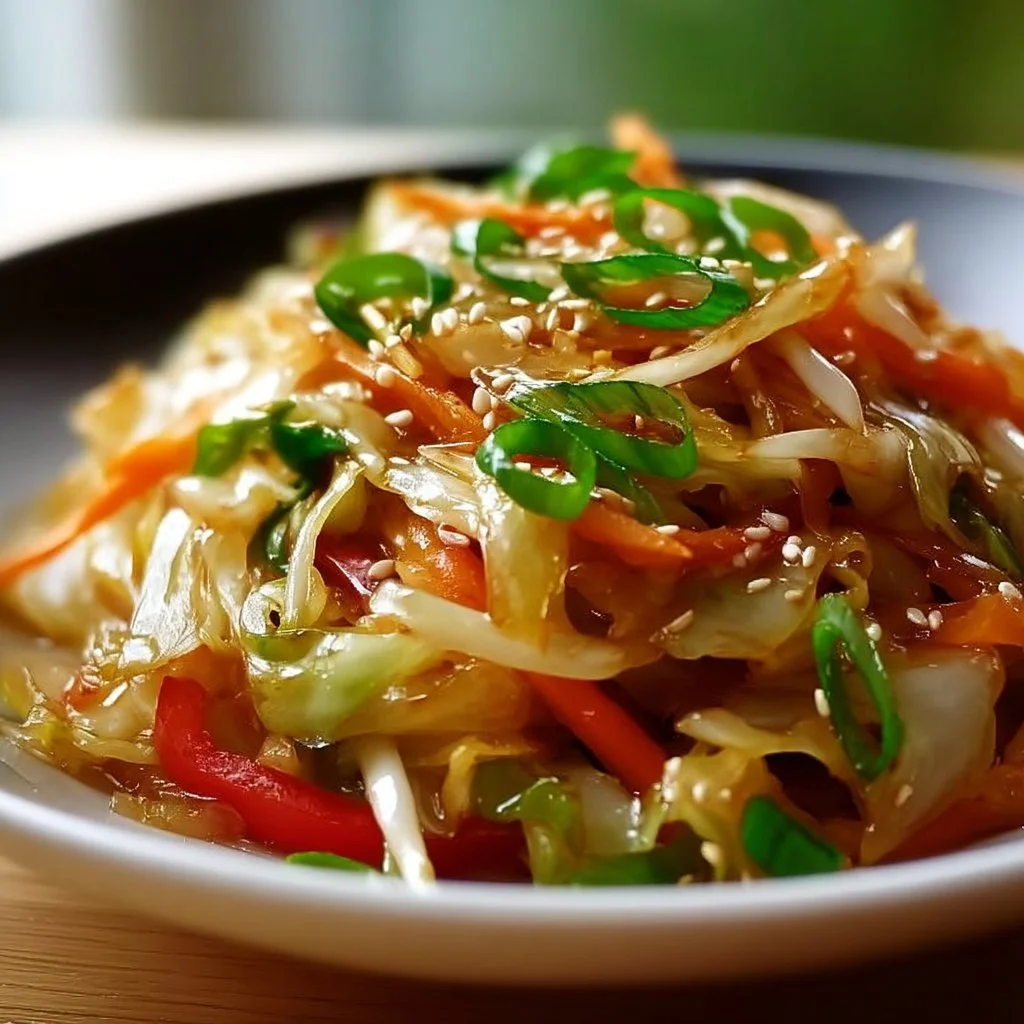Colorful Asian cabbage stir fry with vegetables in a skillet