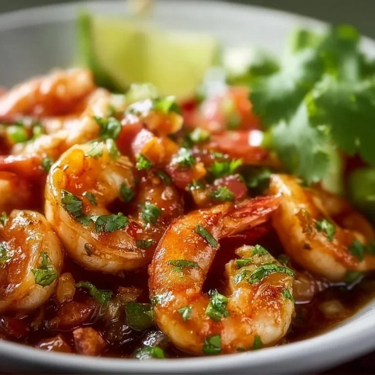 Plate of authentic Mexican shrimp garnished with spices and herbs
