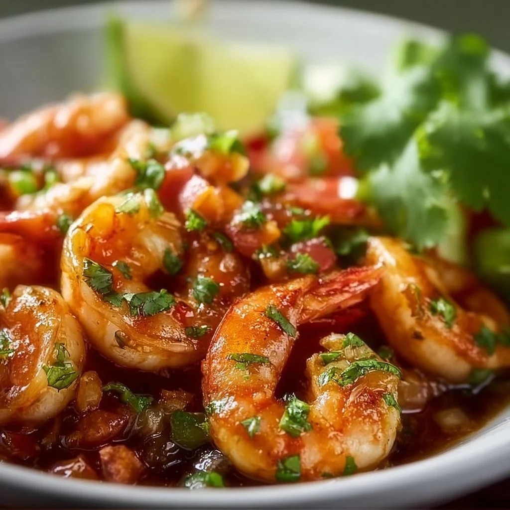 Plate of authentic Mexican shrimp garnished with spices and herbs