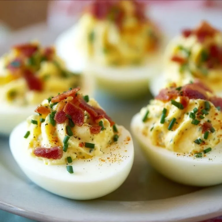 Bacon Cream Cheese Deviled Eggs garnished with herbs and bacon bits.