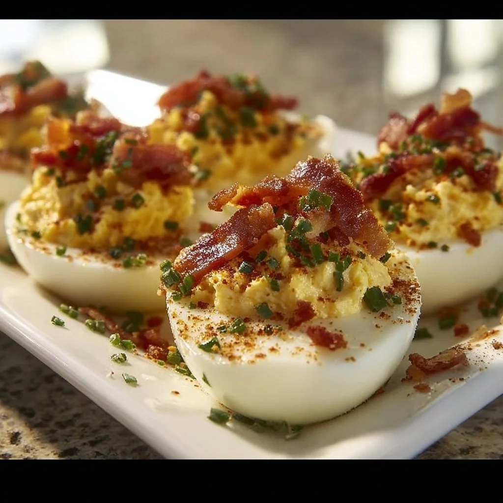 Bacon Deviled Eggs topped with crispy bacon and herbs on a platter.