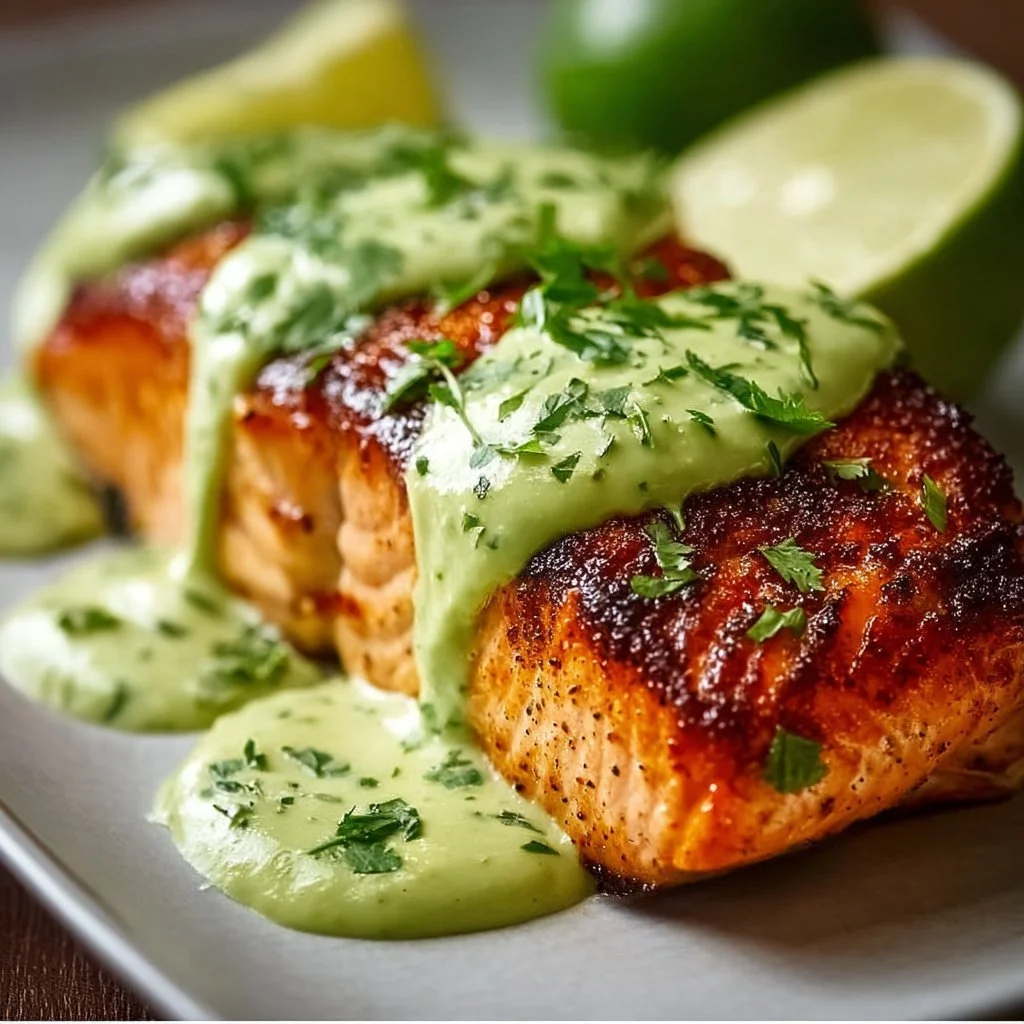 Baked Cajun salmon served with creamy avocado lime sauce on a plate