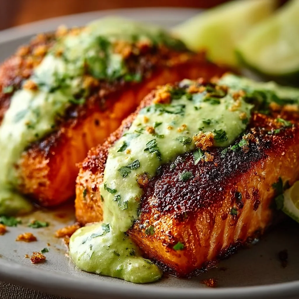 Baked Cajun Salmon with Creamy Avocado Lime Sauce