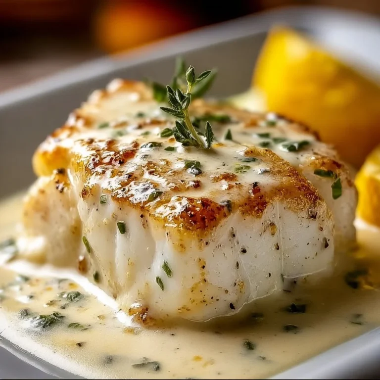Baked cod fillets in coconut lemon cream sauce served on a plate