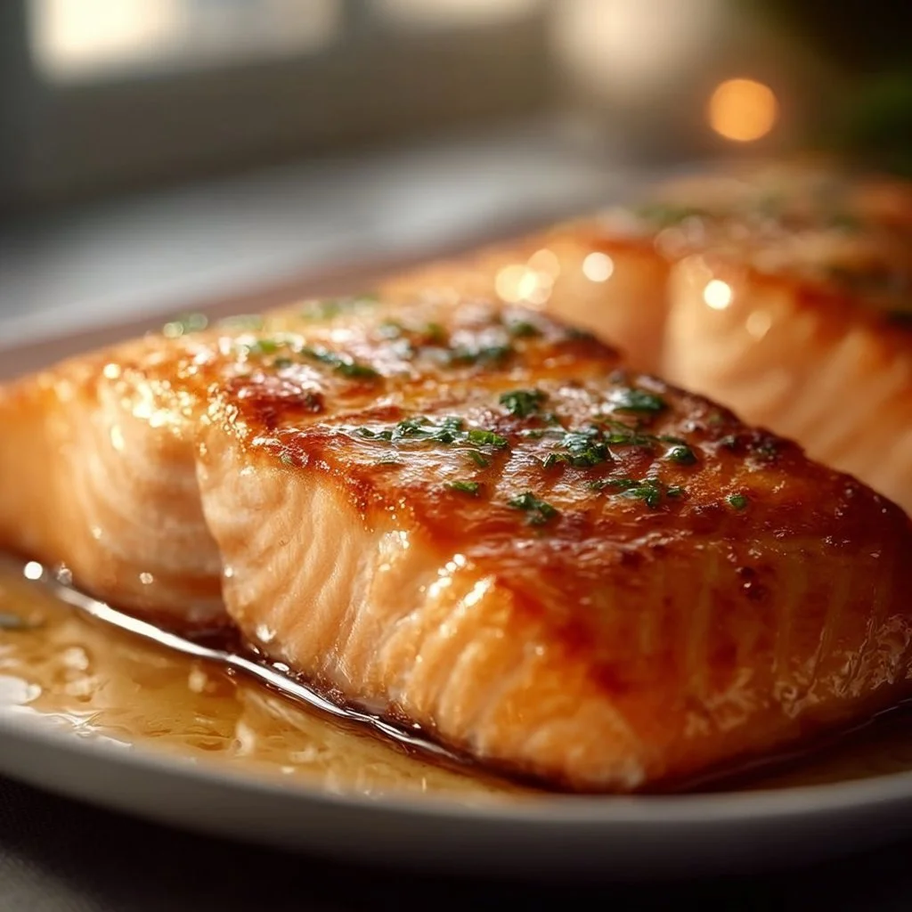 Deliciously baked salmon fillet with herbs and lemon served on a plate