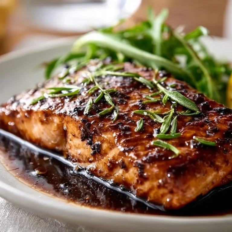 Delicious balsamic glazed salmon fillet garnished with herbs and served on a plate.