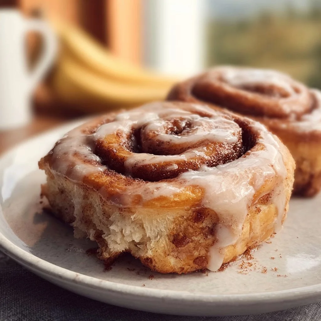 Freshly baked banana bread cinnamon rolls topped with frosting