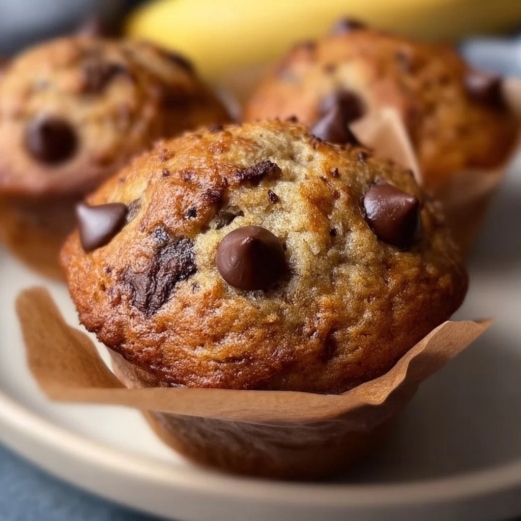 Freshly baked banana bread muffins with chocolate chips on a cooling rack.