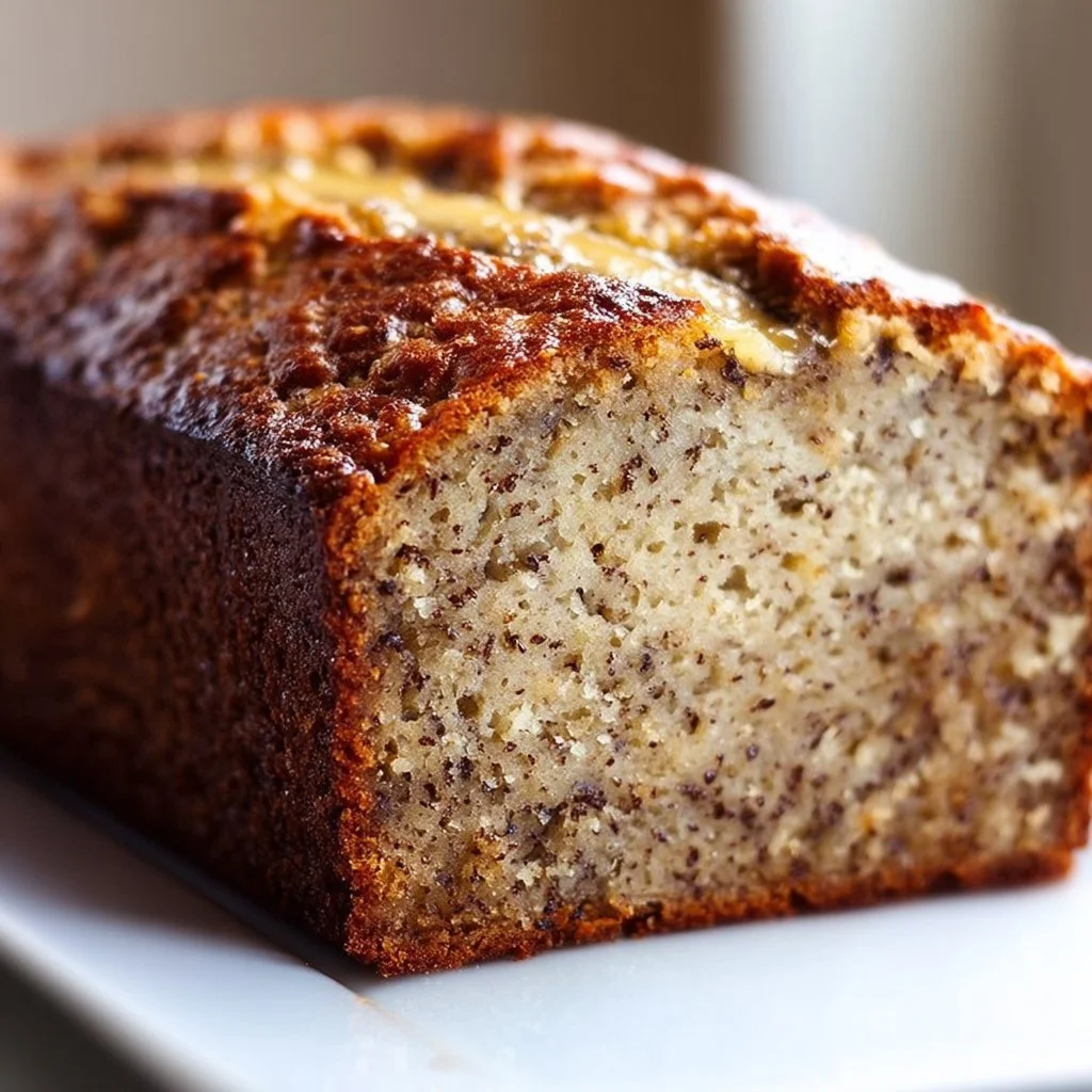 Slice of moist banana bread made with oil, served on a plate