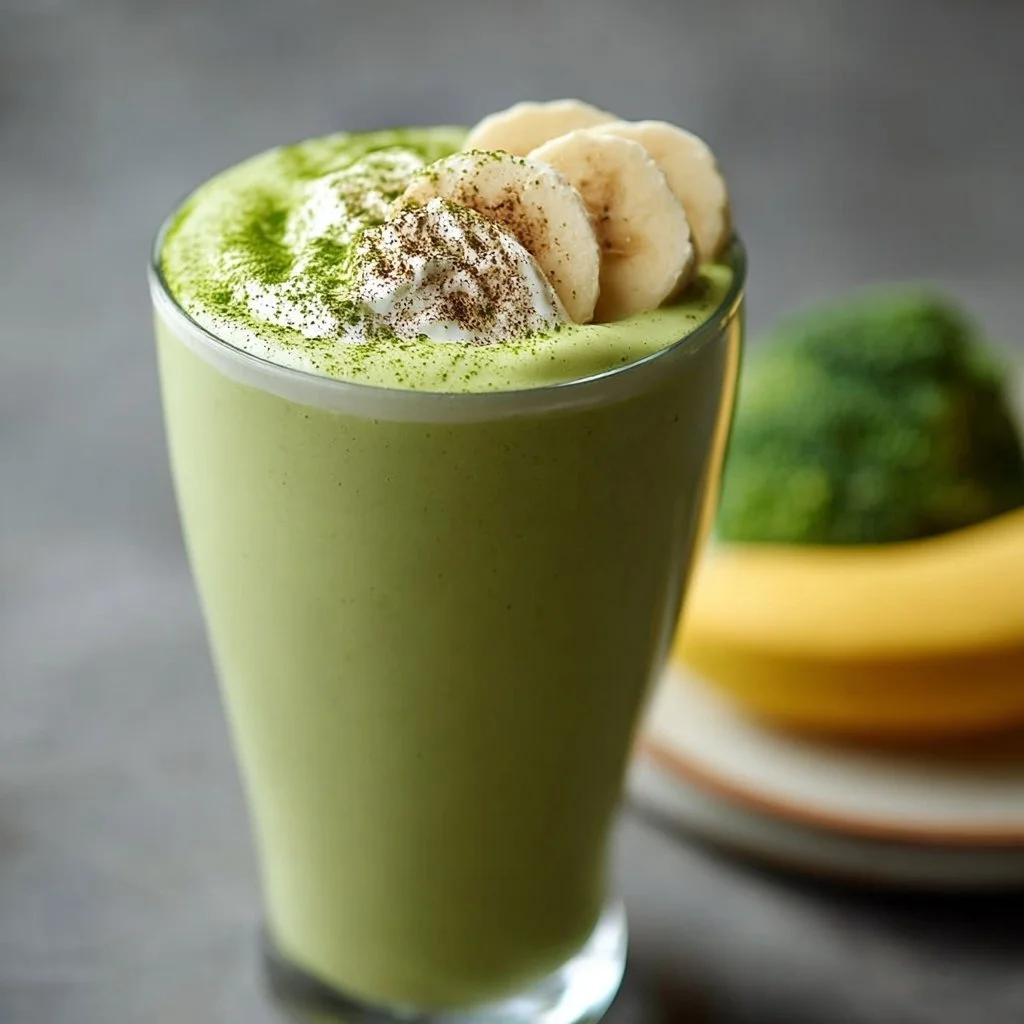Delicious banana matcha smoothie topped with fresh banana slices and greenery
