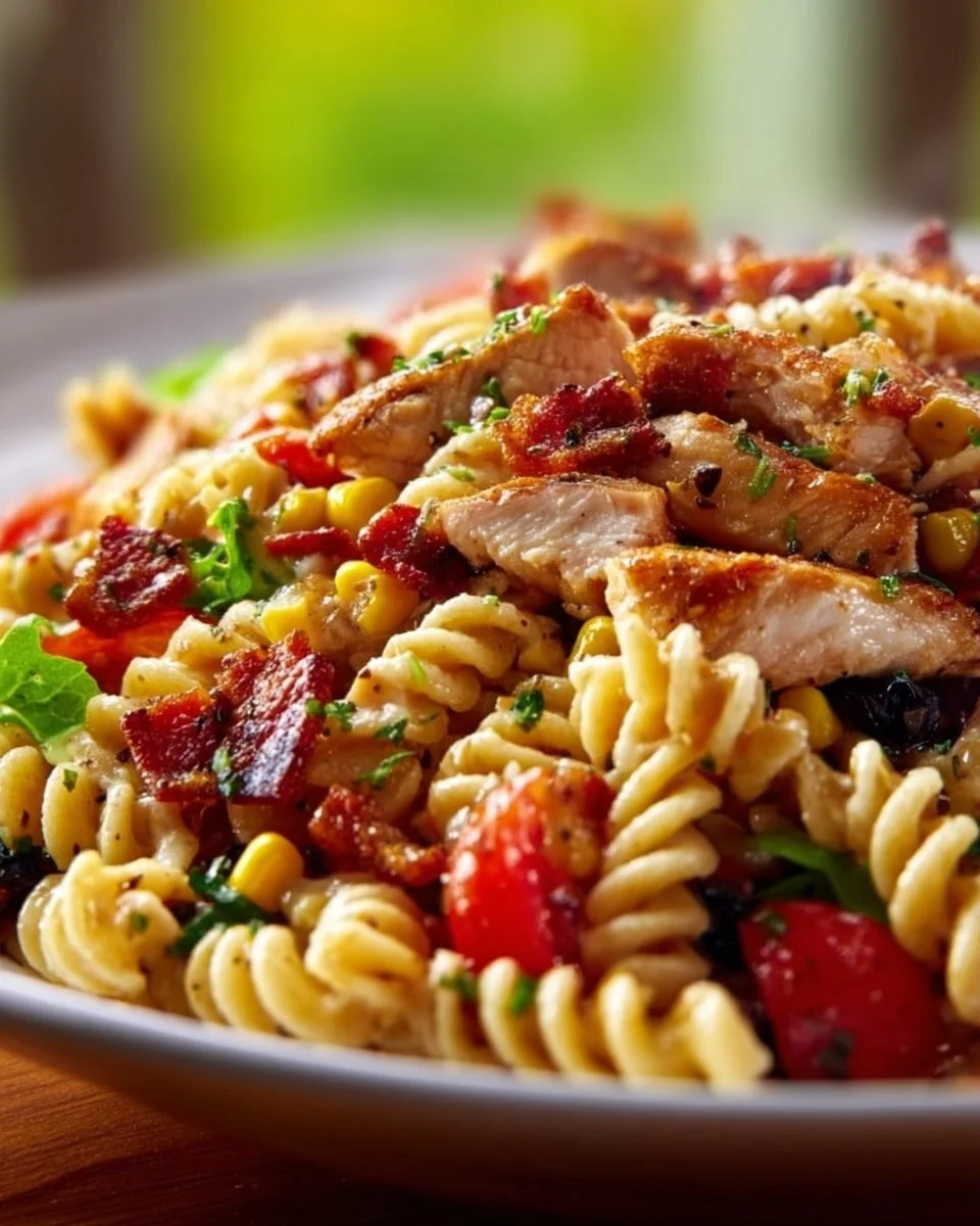 Delicious BBQ Chicken Pasta Salad with grilled chicken and fresh vegetables