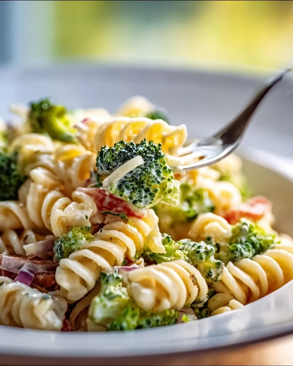 Colorful broccoli pasta salad with vegetables and dressing on a plate