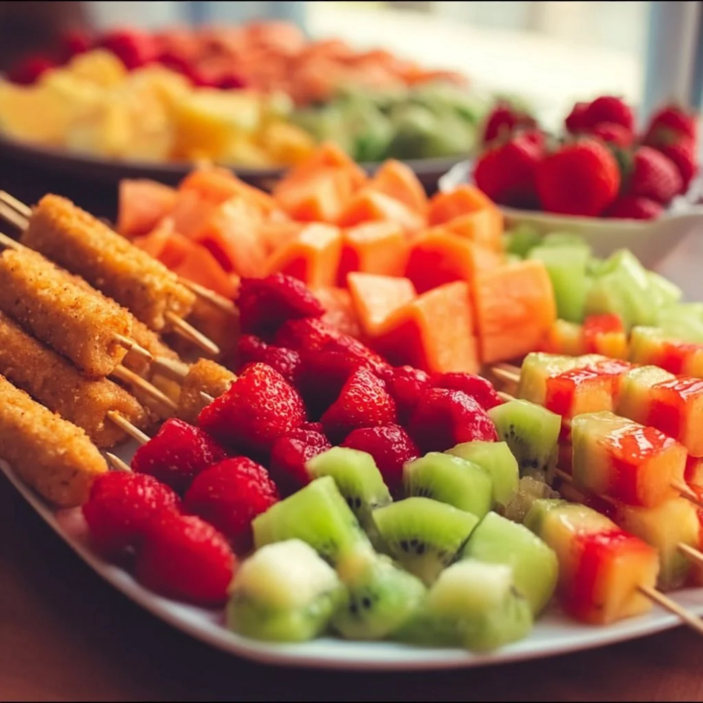 Colorful pool party snacks for kids on a table with summer vibes.