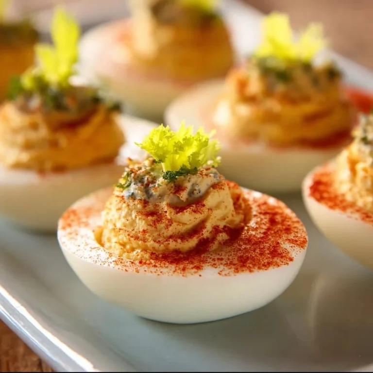 Plate of Bloody Mary Deviled Eggs garnished with celery and spices