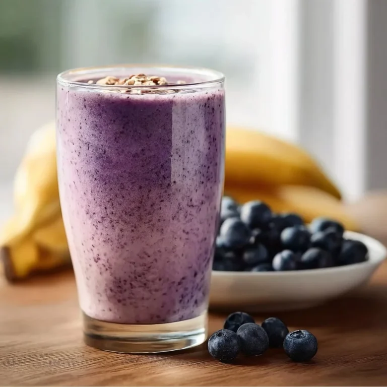 Delicious blueberry banana smoothie in a glass with fresh fruit.