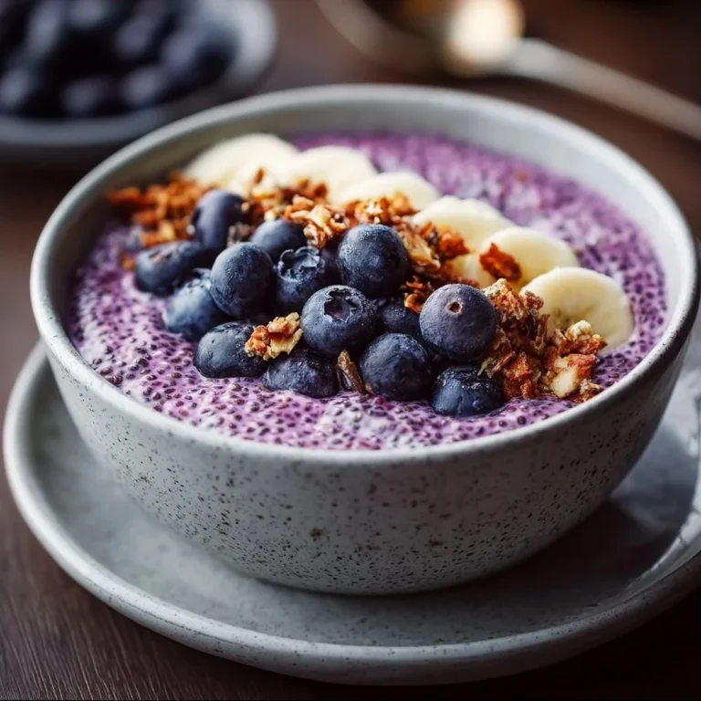 Healthy blueberry chia pudding bowl topped with fresh berries and nuts