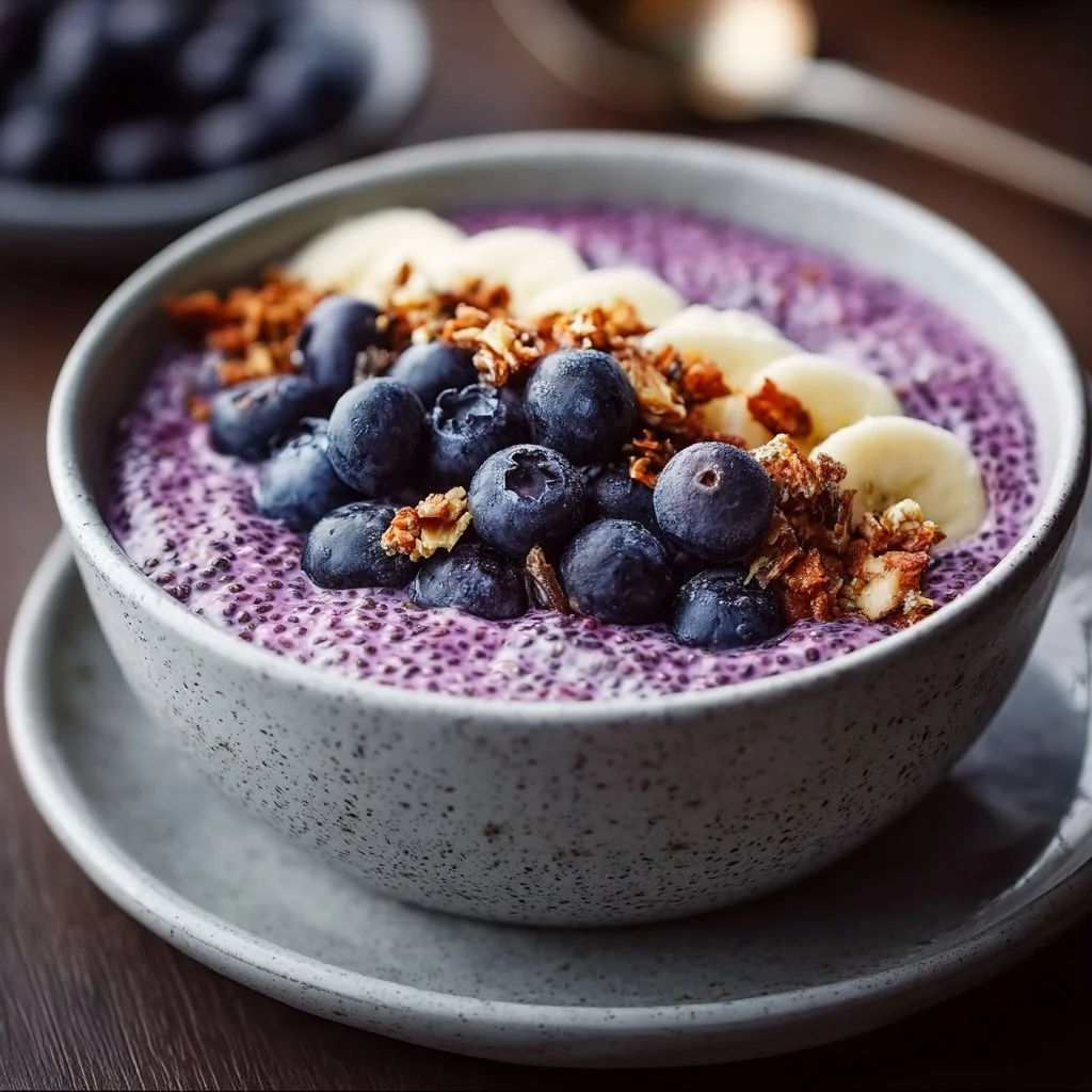 Healthy blueberry chia pudding bowl topped with fresh berries and nuts