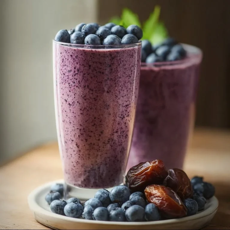 Delicious blueberry date smoothie in a glass with fresh blueberries on top