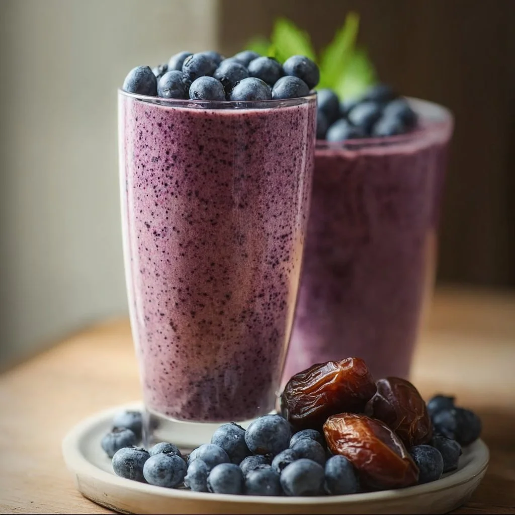 Delicious blueberry date smoothie in a glass with fresh blueberries on top