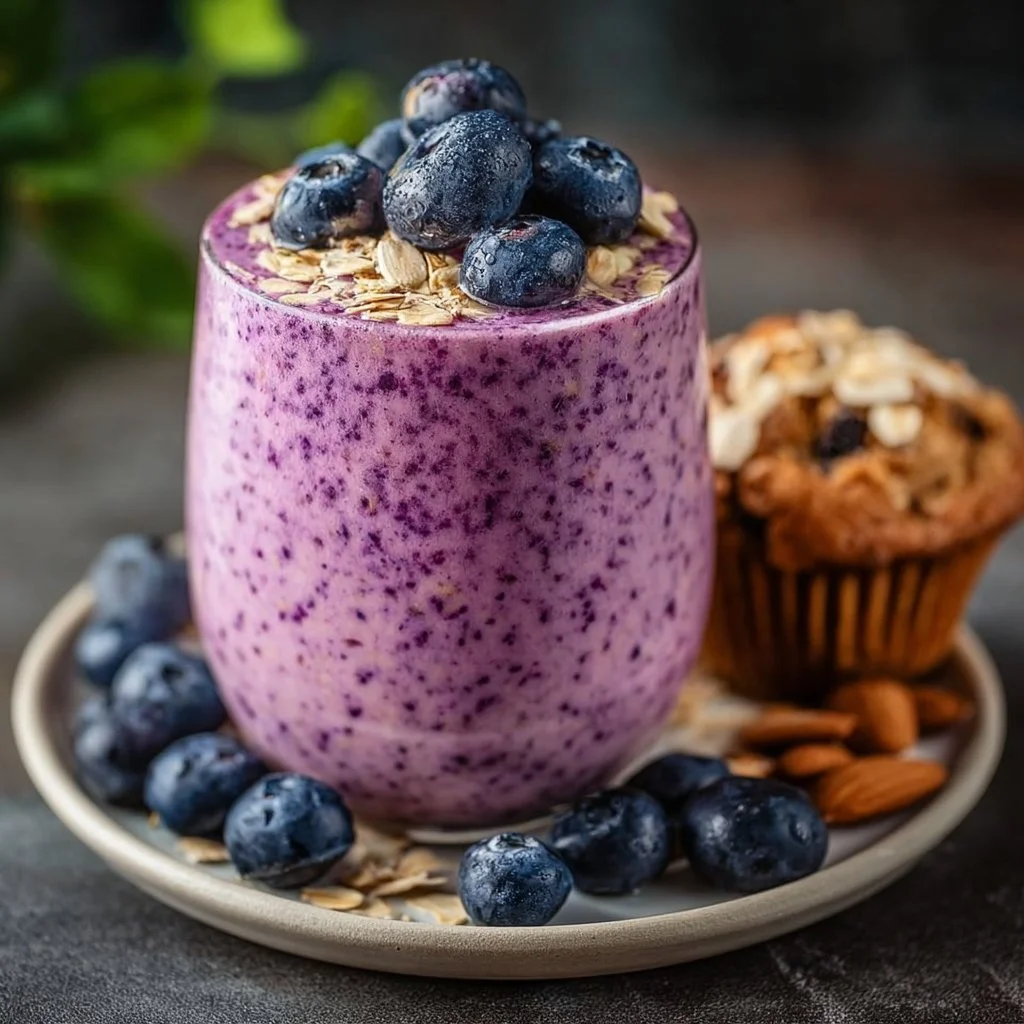Blueberry muffin smoothie in a glass topped with blueberries and muffin crumbs.