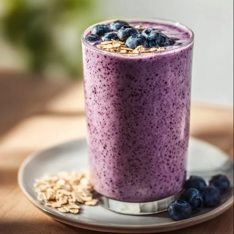 A refreshing blueberry oatmeal smoothie in a glass with toppings.