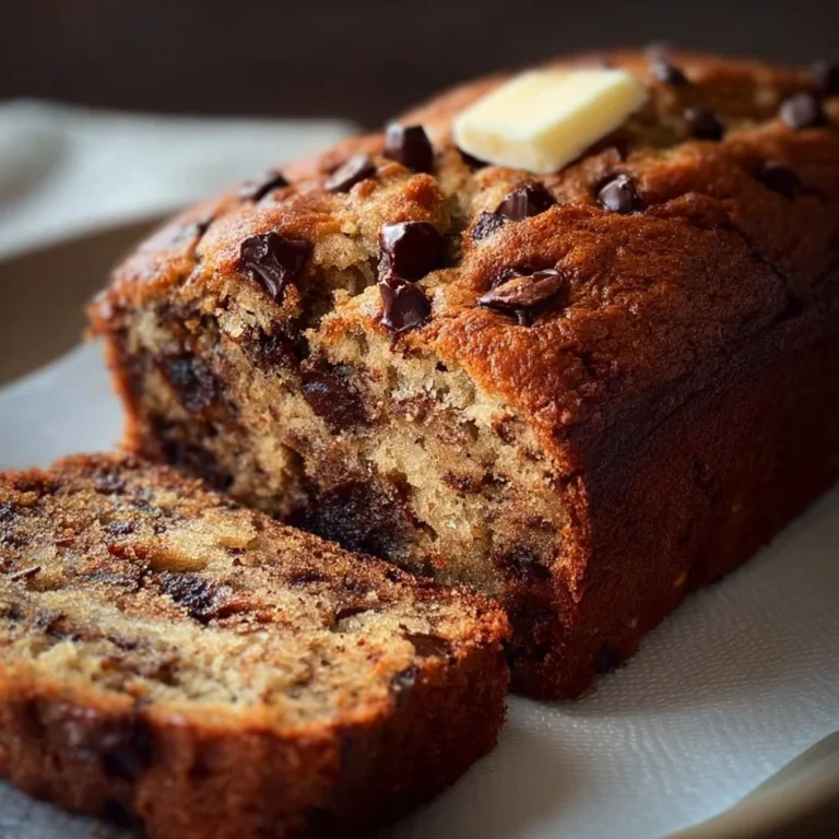 Slice of Brown Butter Chocolate Chip Banana Bread with chocolate chips